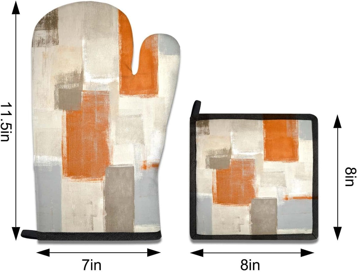 MCALK 5 Pcs Orange Oven Mitts and Pot Holders Sets, Beige Oven Gloves and Hot Pads for Kitchen Cooking, Abstract Modern Art Oven Mitt Potholder is Both Functional and Decorative