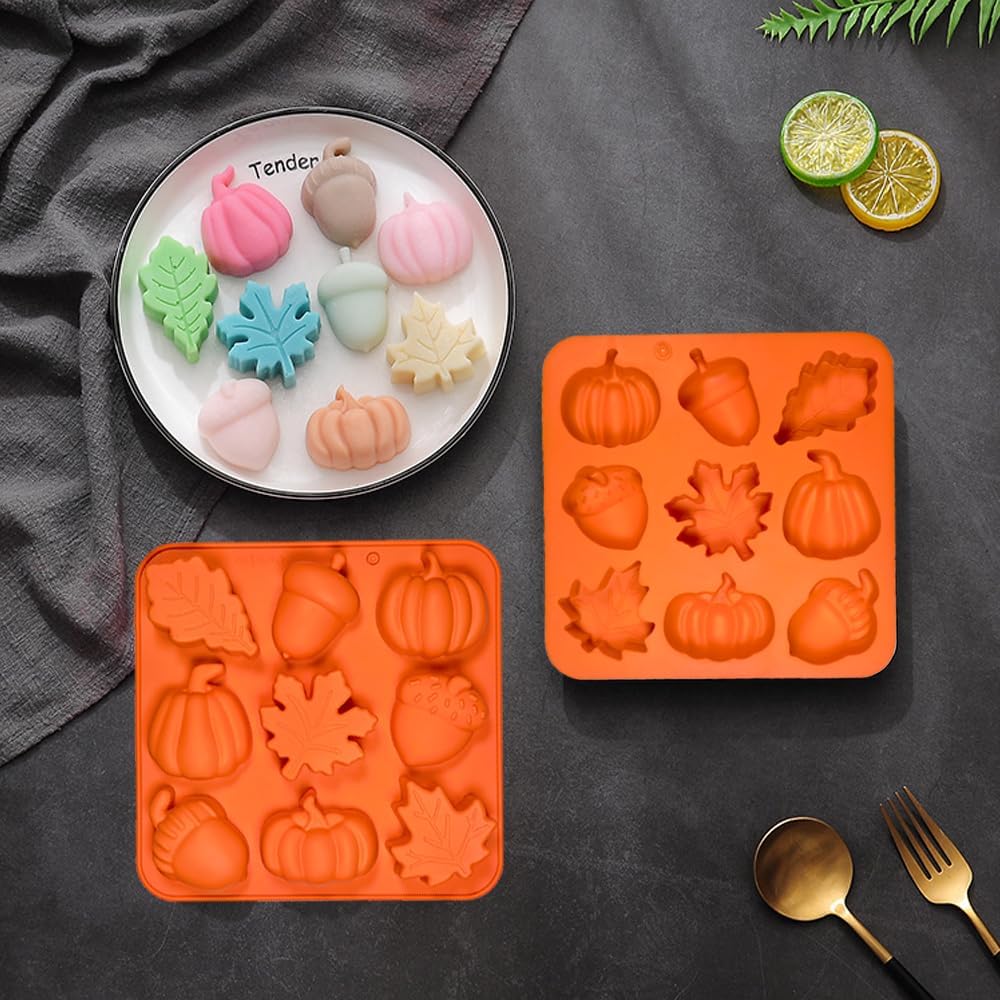 Pumpkin Silicone Mold - 4Pcs 3D Fall Silicone Mold Thanksgiving Candy Mold Autumn Maple Leaf Acorn shape Chocolate Mold Soap Candy Cake Pan Baking Molds for Cake Cupcake Decoration