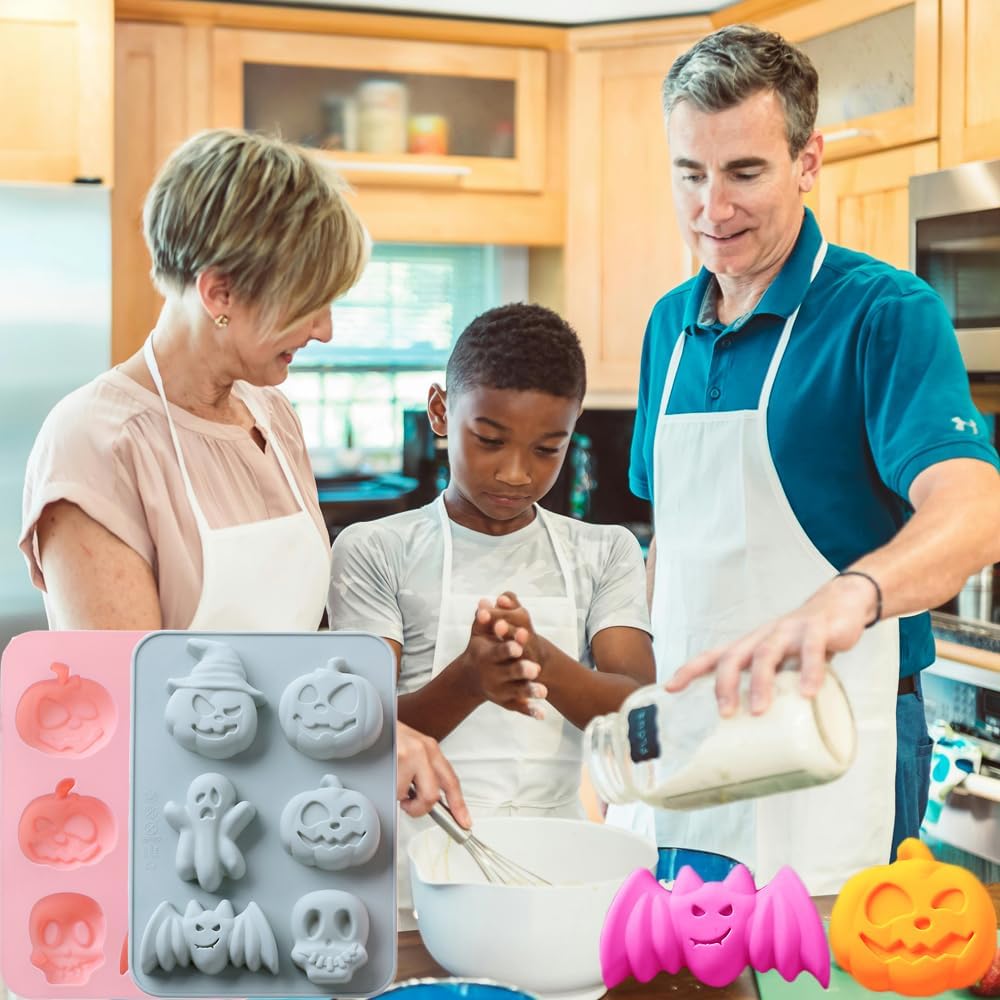 2 Pack Halloween Silicone Cake Mold Pumpkin Bat Skull Ghost Shape Silicone Mold for Chocolate Candy Gummy Jello Ice Cube Crayon Melt Biscuits Soap Silicone Baking Mold Making Kit