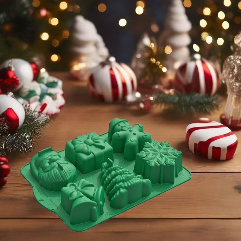 Christmas Silicone Molds, Large Size Xmas 3D Christmas Baking Mold with Scraper for Cakes, Handmade Soap, Chocolate, Jello, soap, Candy and Candles (Green)