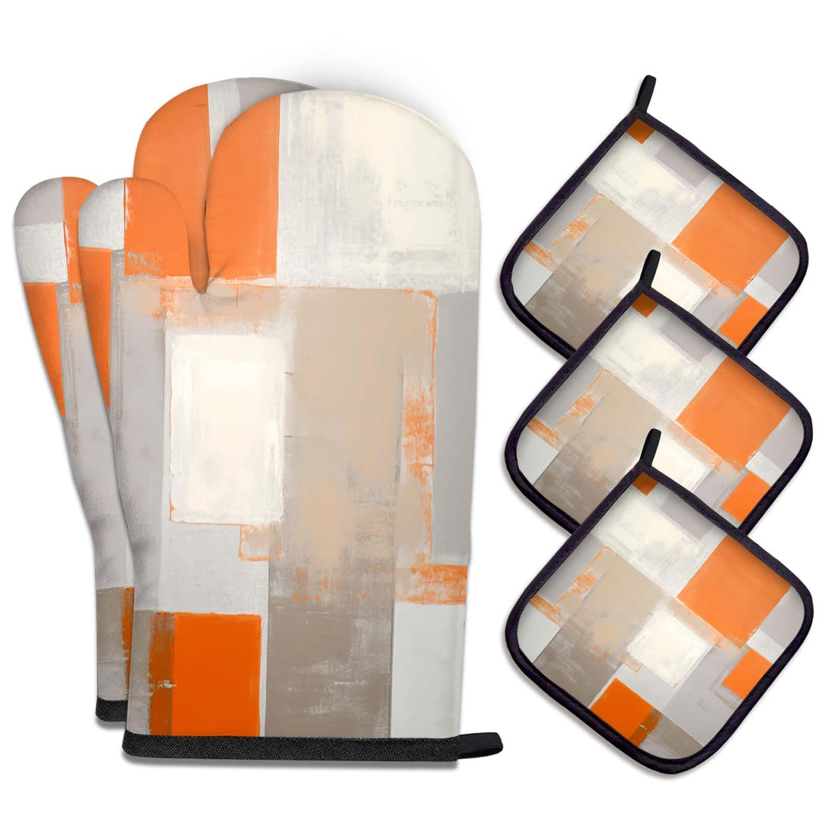 MCALK 5 Pcs Orange Oven Mitts and Pot Holders Sets, Beige Oven Gloves and Hot Pads for Kitchen Cooking, Abstract Modern Art Oven Mitt Potholder is Both Functional and Decorative