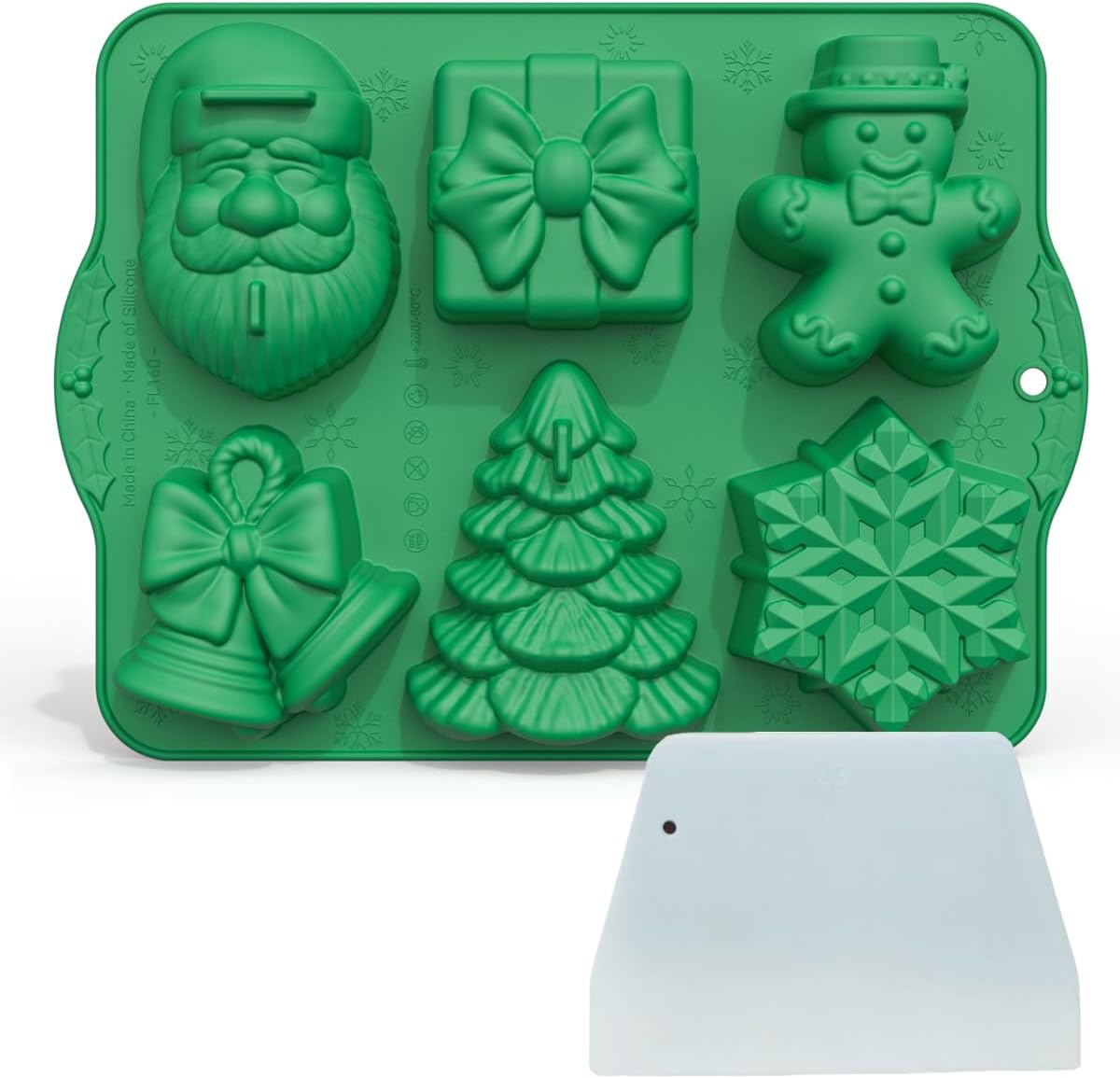 Christmas Silicone Molds, Large Size Xmas 3D Christmas Baking Mold with Scraper for Cakes, Handmade Soap, Chocolate, Jello, soap, Candy and Candles (Green)