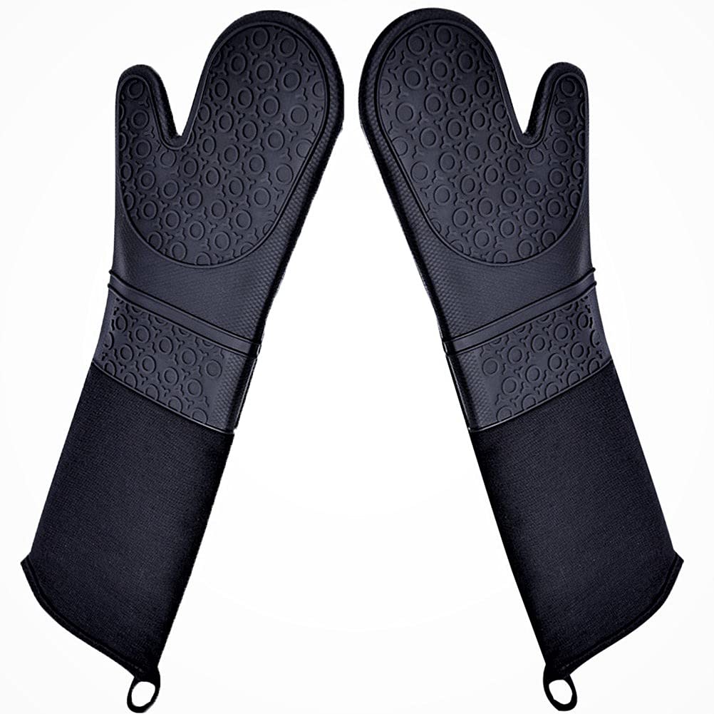 DoMii Extra Long Silicone Oven Mitts Heavy Duty Commercial Grade Oven Mitts Heat Resistant BBQ Gloves with Quilted Cotton Lining 2 Pack