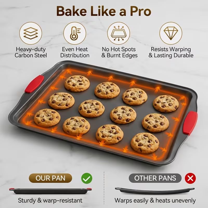 4-Piece Nonstick Carbon Steel Baking Sheet Set, Small Medium Large Rimmed Oven Pans with Red Heat-Resistant Silicone Handles & Bonus Spatula for Cookies, Cakes, Pizza & Home Baking