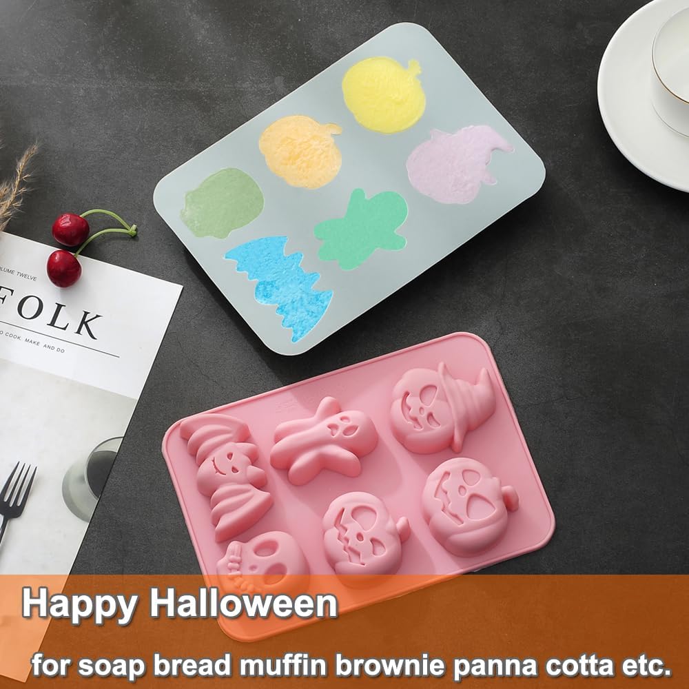 2 Pack Halloween Silicone Cake Mold Pumpkin Bat Skull Ghost Shape Silicone Mold for Chocolate Candy Gummy Jello Ice Cube Crayon Melt Biscuits Soap Silicone Baking Mold Making Kit