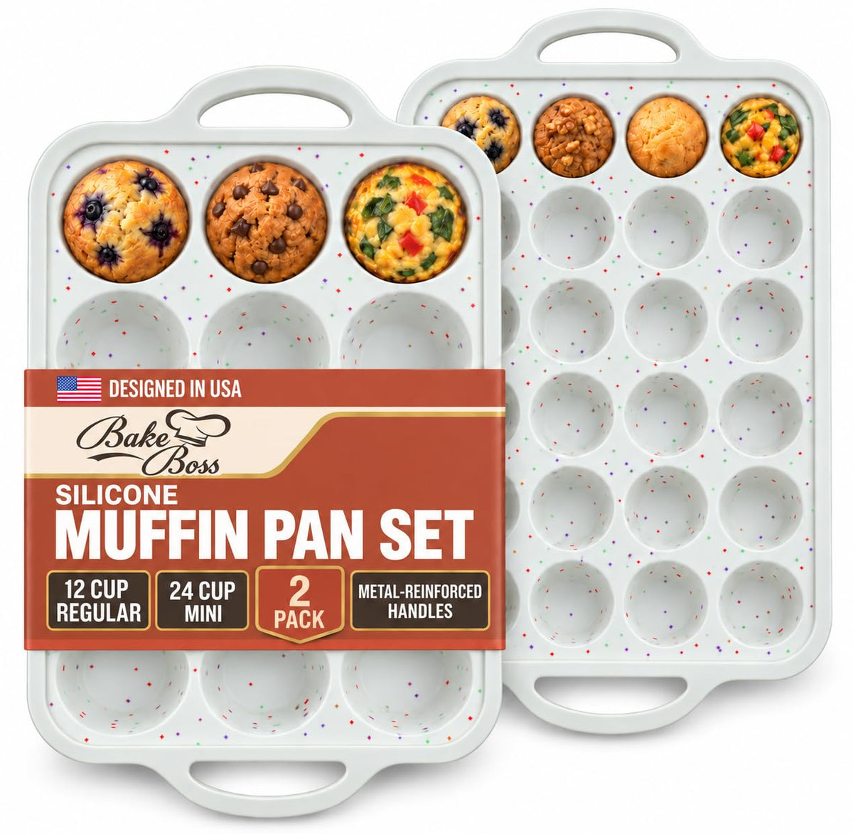Silicone Muffin Pans, 2-Pack Regular 12 Cup & Mini 24 Cup, BPA-Free