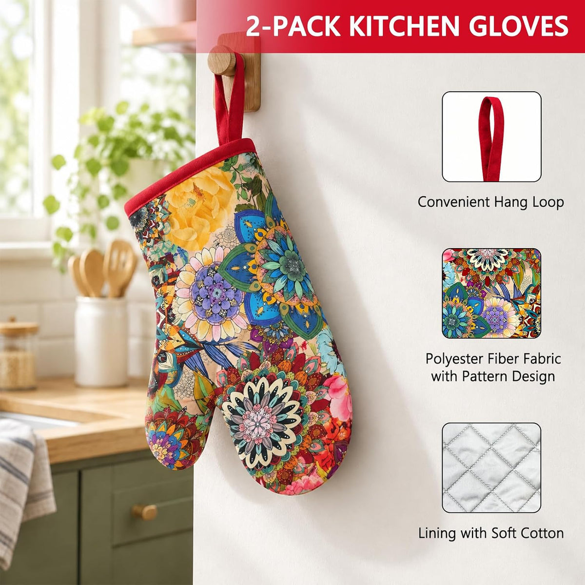 2Pcs Boho Floral Cotton Oven Mitts Heat Resistant Kitchen Gloves with Loop