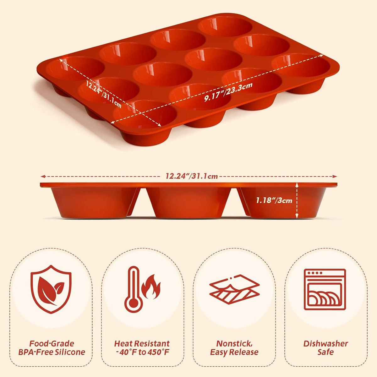 SINBEE Silicone Muffin Pans for Baking - 3 Pack Silicone Molds 12 Cups Nonstick Cupcake Pan for Baking BPA Free Cake Pop Mold Egg Muffins