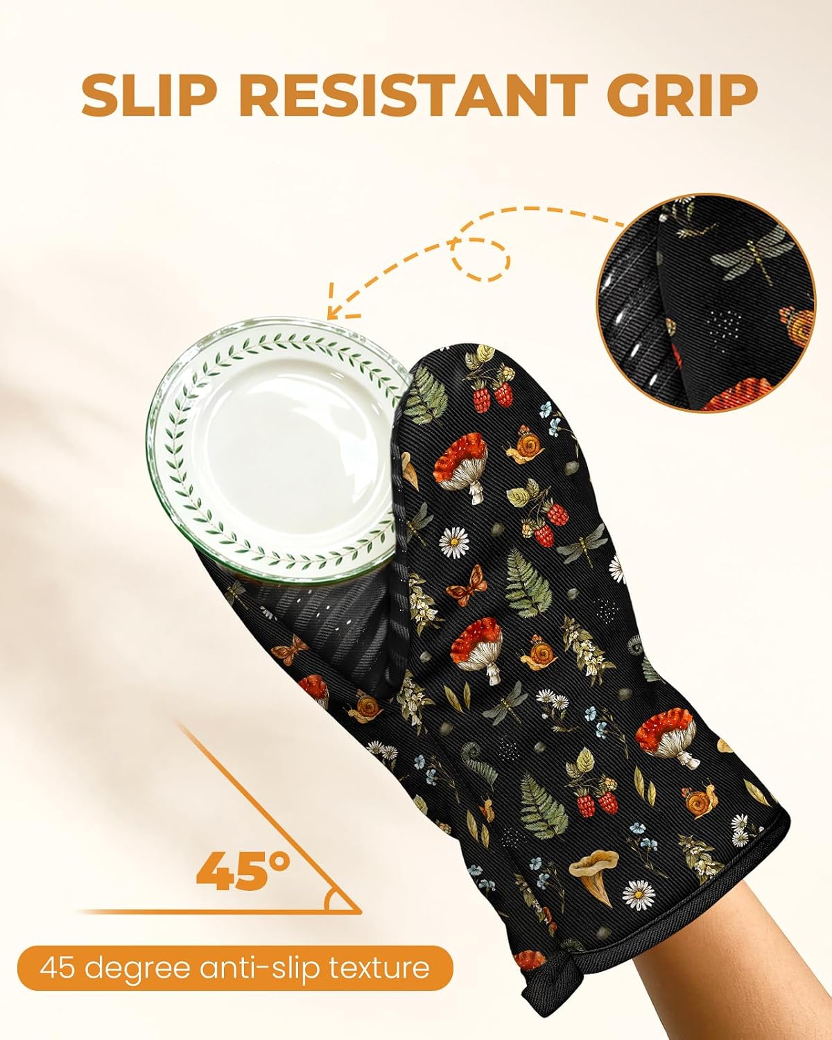 100% Thick Cotton Mini Oven Mitts Silicone Grip Black Mushroom