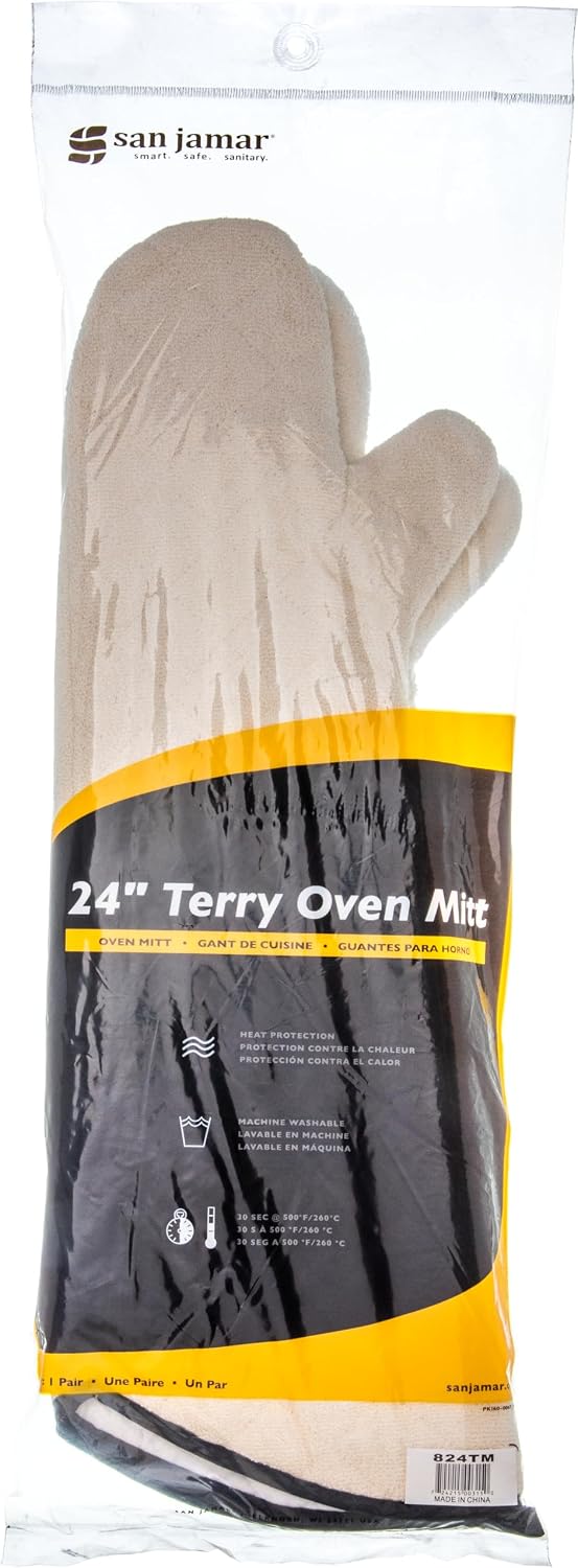 Terry Oven Mitts, San Jamar, Professional Grade, 500°F, 24", Pair, Natural