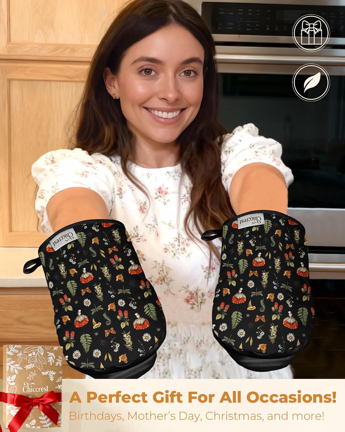 100% Thick Cotton Mini Oven Mitts Silicone Grip Black Mushroom