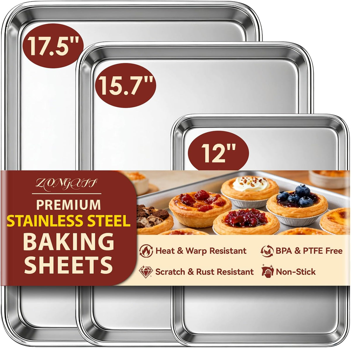 Baking Sheet Set of 3: Stainless Steel Cookie Sheets for Baking