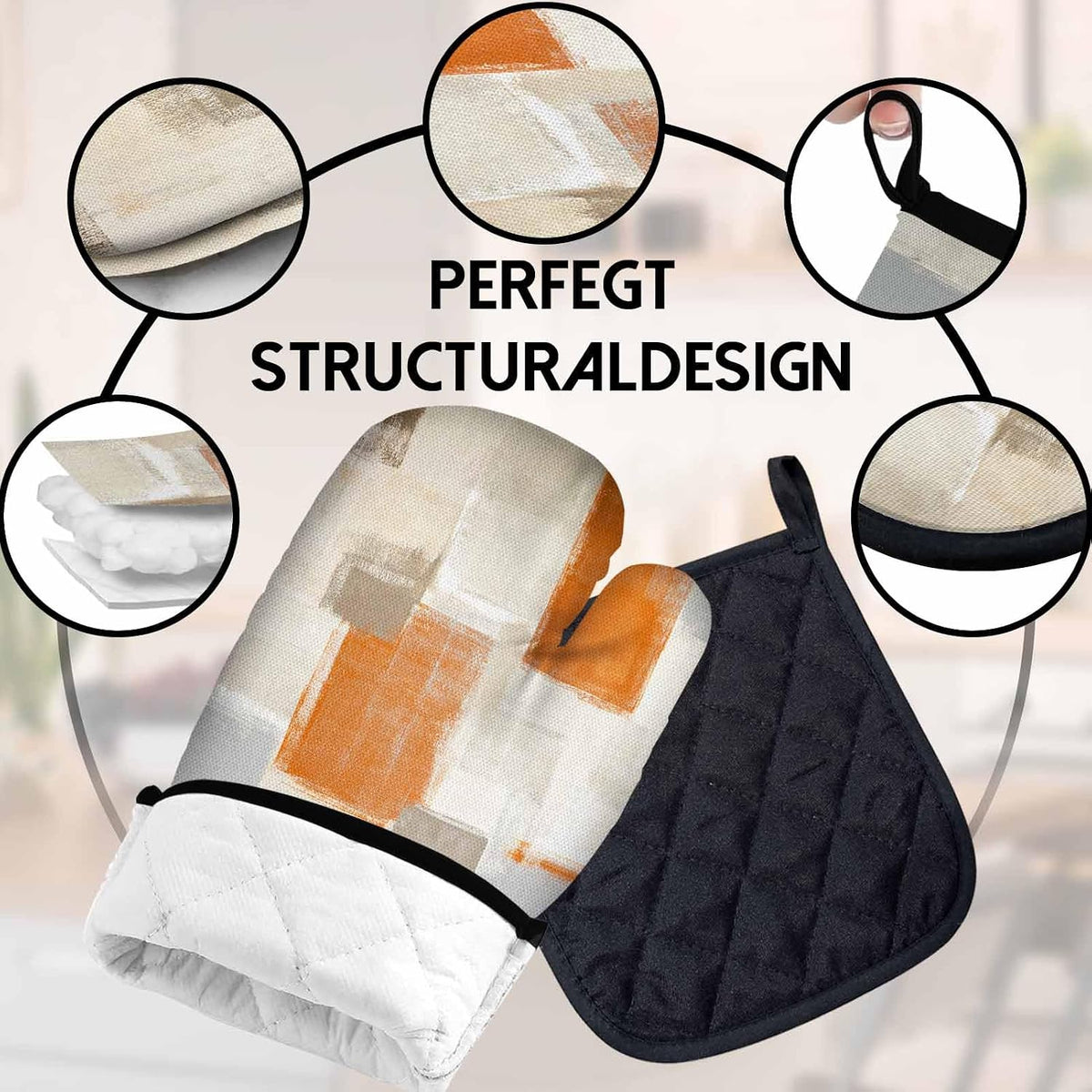 MCALK 5 Pcs Orange Oven Mitts and Pot Holders Sets, Beige Oven Gloves and Hot Pads for Kitchen Cooking, Abstract Modern Art Oven Mitt Potholder is Both Functional and Decorative