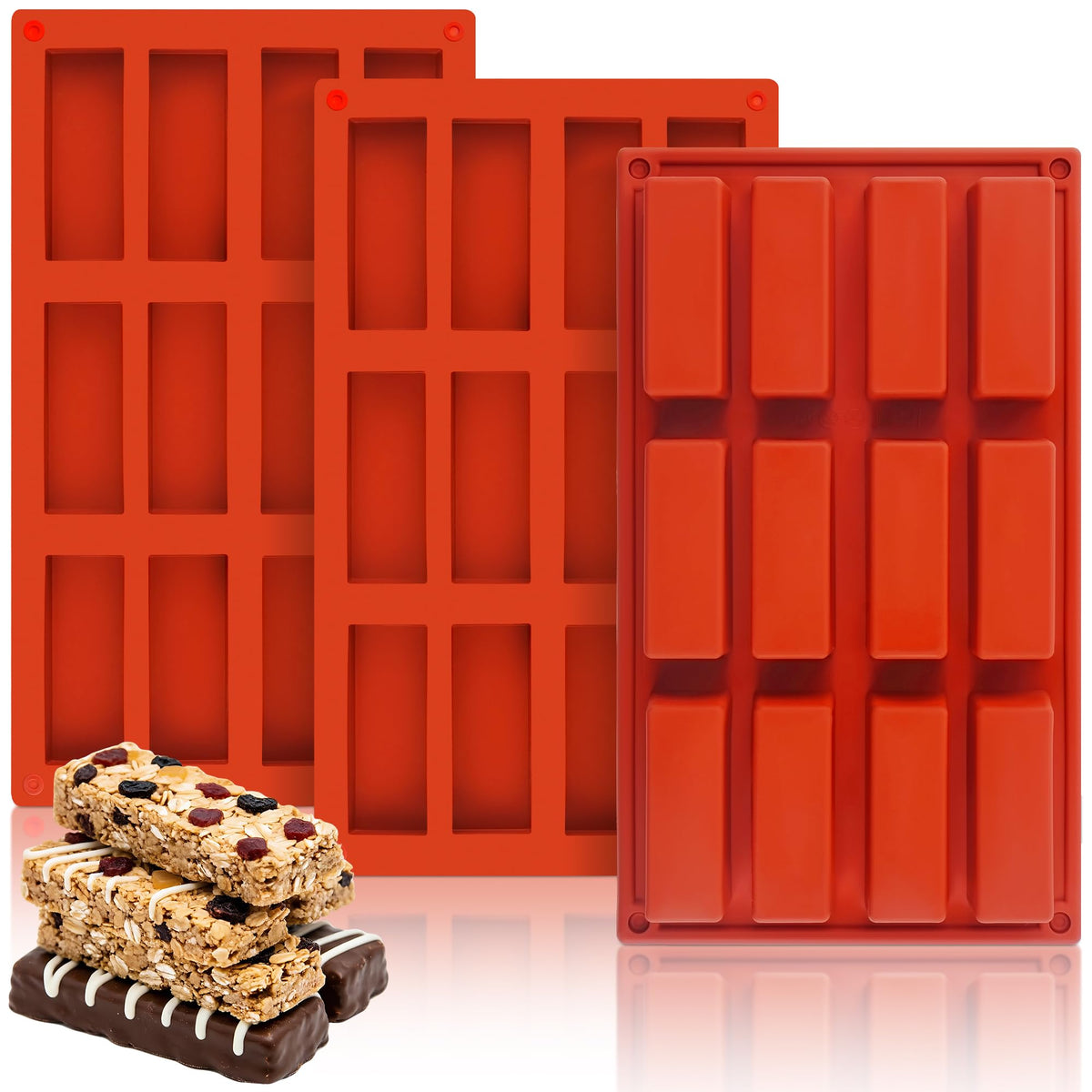 3Pcs Silicone Granola Bar Mold, 12-Cavity Rectangle Silicone Chocolate Bar Mold for Baking Chocolate Bars, Non-stick Candy Chocolate Bar Mold for Truffle, Ganache, Cheesecake, Butter