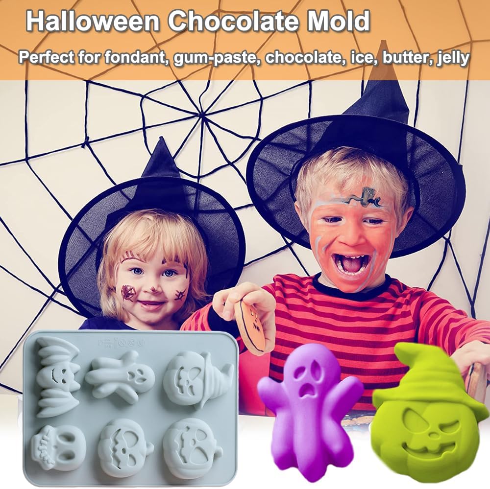 2 Pack Halloween Silicone Cake Mold Pumpkin Bat Skull Ghost Shape Silicone Mold for Chocolate Candy Gummy Jello Ice Cube Crayon Melt Biscuits Soap Silicone Baking Mold Making Kit