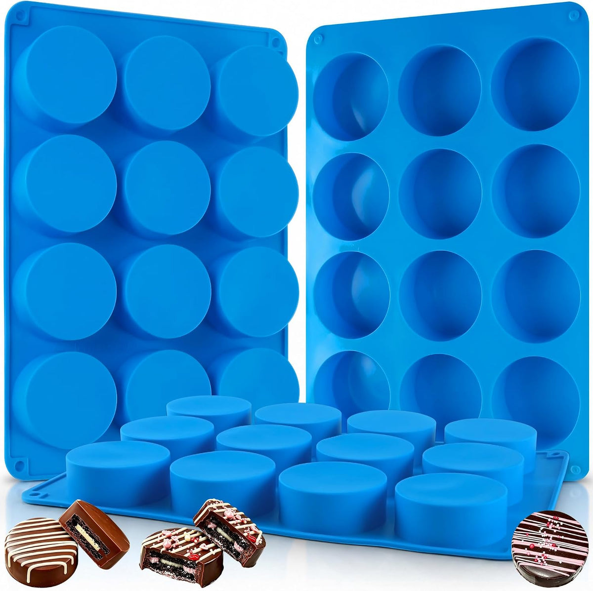 3Pcs Chocolate Cover Cookie Silicone Molds, 12-Cavity Round Cylinder Silicone Chocolate Cover Cookie Mold, Non-Stick Baking Mold for Mini Cakes, Jelly