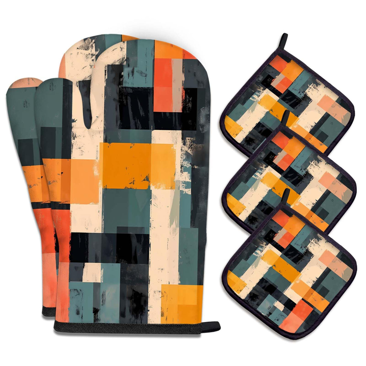 MCALK 5 Pcs Orange Oven Mitts and Pot Holders Sets, Beige Oven Gloves and Hot Pads for Kitchen Cooking, Abstract Modern Art Oven Mitt Potholder is Both Functional and Decorative