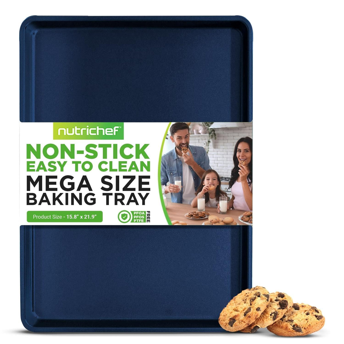 NutriChef 2-Piece XL Mega Cookie Sheet Baking Pans Set - 22" x 16" Extra Large Nonstick Carbon Steel Oven Baking Tray Pans, Stackable Bakeware, Black - NCLGBP16