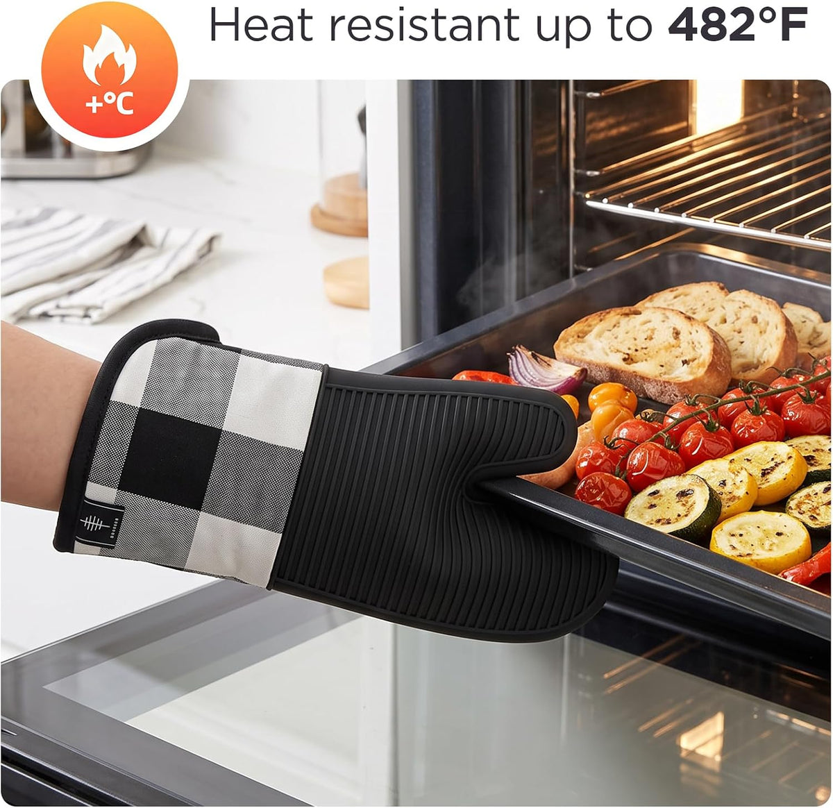 BONTHEE Silicone Oven Mitts Heat Resistant Kitchen Oven Gloves - Gingham