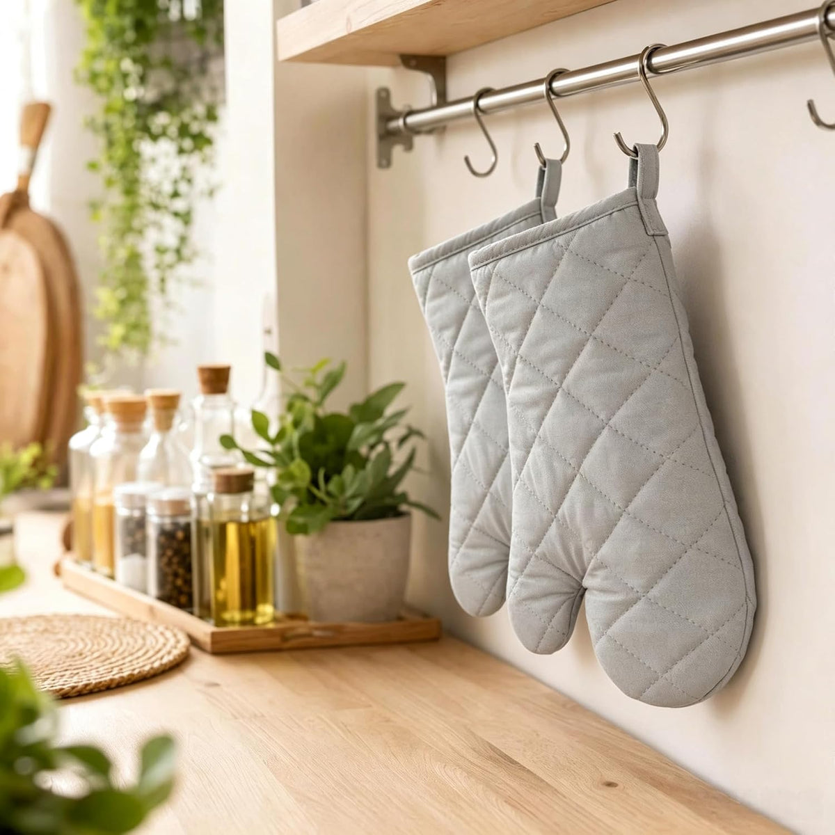 Oven Mitts 1 Pair, Heat Resistant Kitchen Gloves with Non-Slip Quilted Grip, Polyester & Cotton Blend, 11 x 6 Inch with Hanging Loop, for Baking Grilling BBQ Cooking, Gray