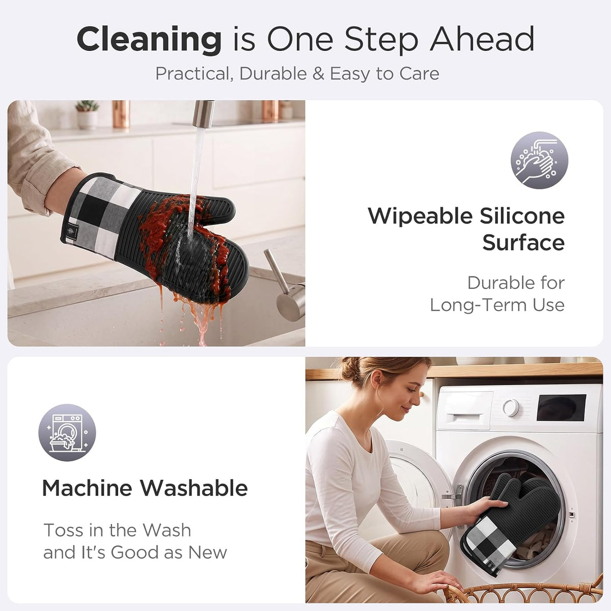 BONTHEE Silicone Oven Mitts Heat Resistant Kitchen Oven Gloves - Gingham