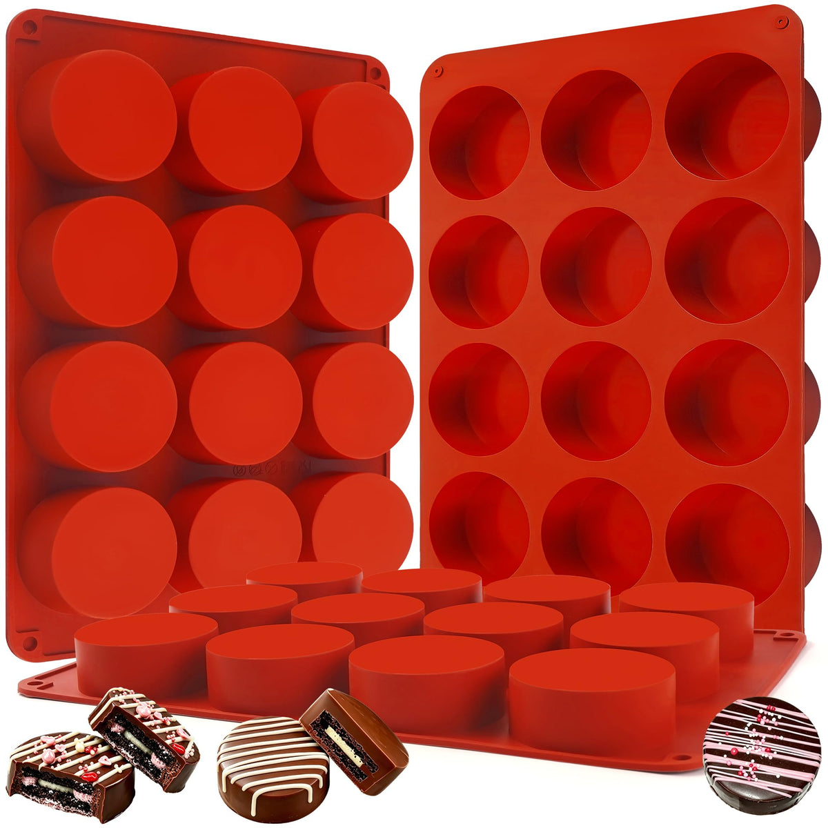3Pcs Chocolate Cover Cookie Silicone Molds, 12-Cavity Round Cylinder Silicone Chocolate Cover Cookie Mold, Non-Stick Baking Mold for Mini Cakes, Jelly
