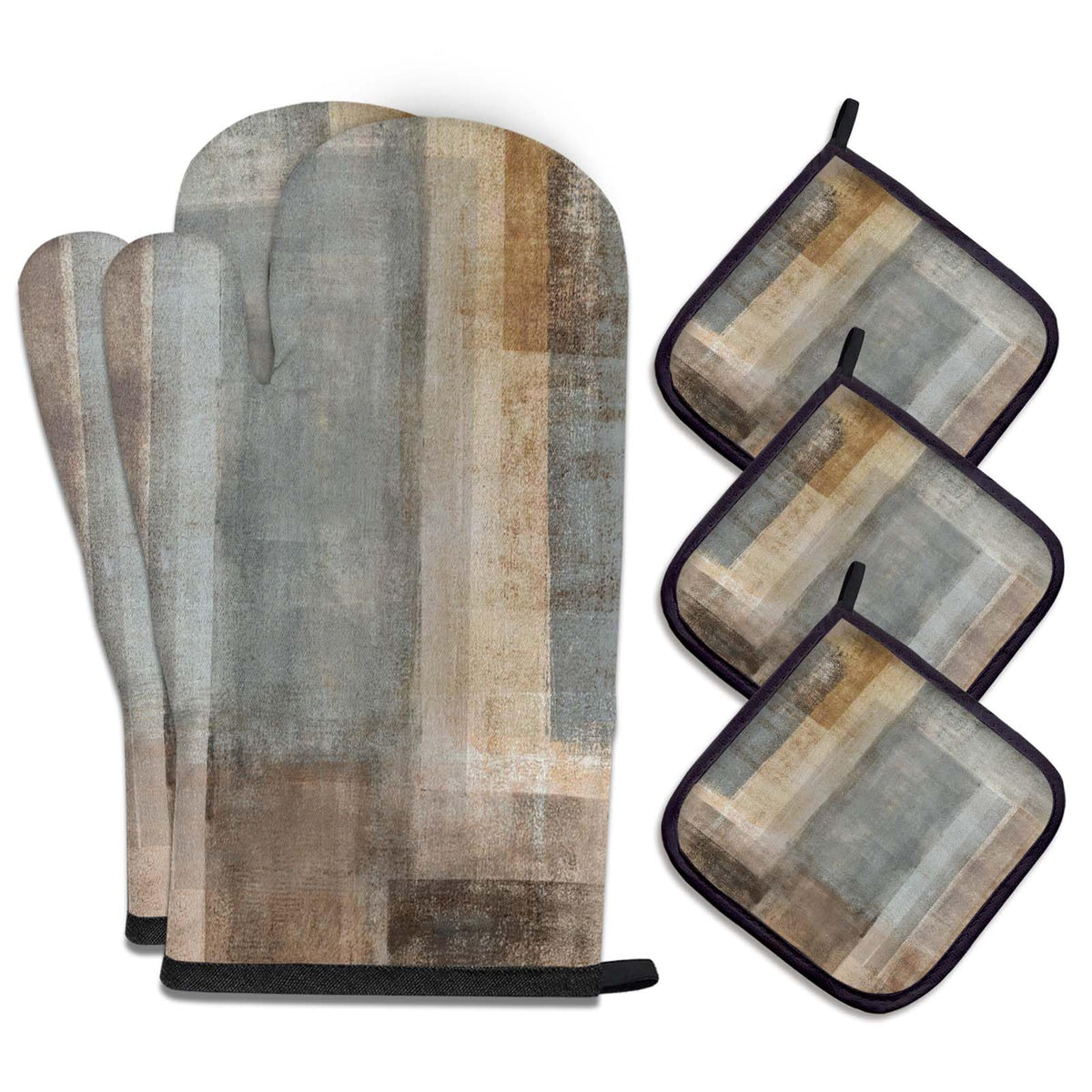 MCALK 5 Pcs Orange Oven Mitts and Pot Holders Sets, Beige Oven Gloves and Hot Pads for Kitchen Cooking, Abstract Modern Art Oven Mitt Potholder is Both Functional and Decorative