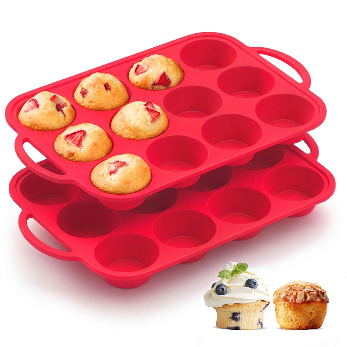 Redfly 2 Pack Silicone Muffin Pans for Baking & Cupcake Pan - 12 Cup Regular Size Silicone Molds, BPA Free Egg Bites Mold