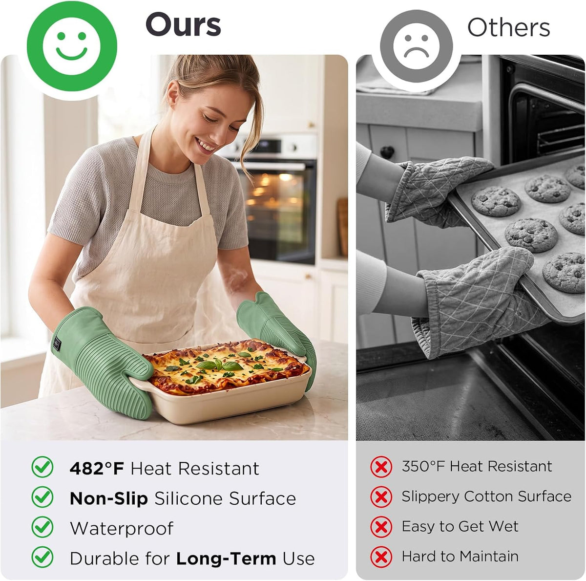 BONTHEE Oven Mitts and Pot Holders 4pcs Set, Silicone Kitchen Mitts - Green