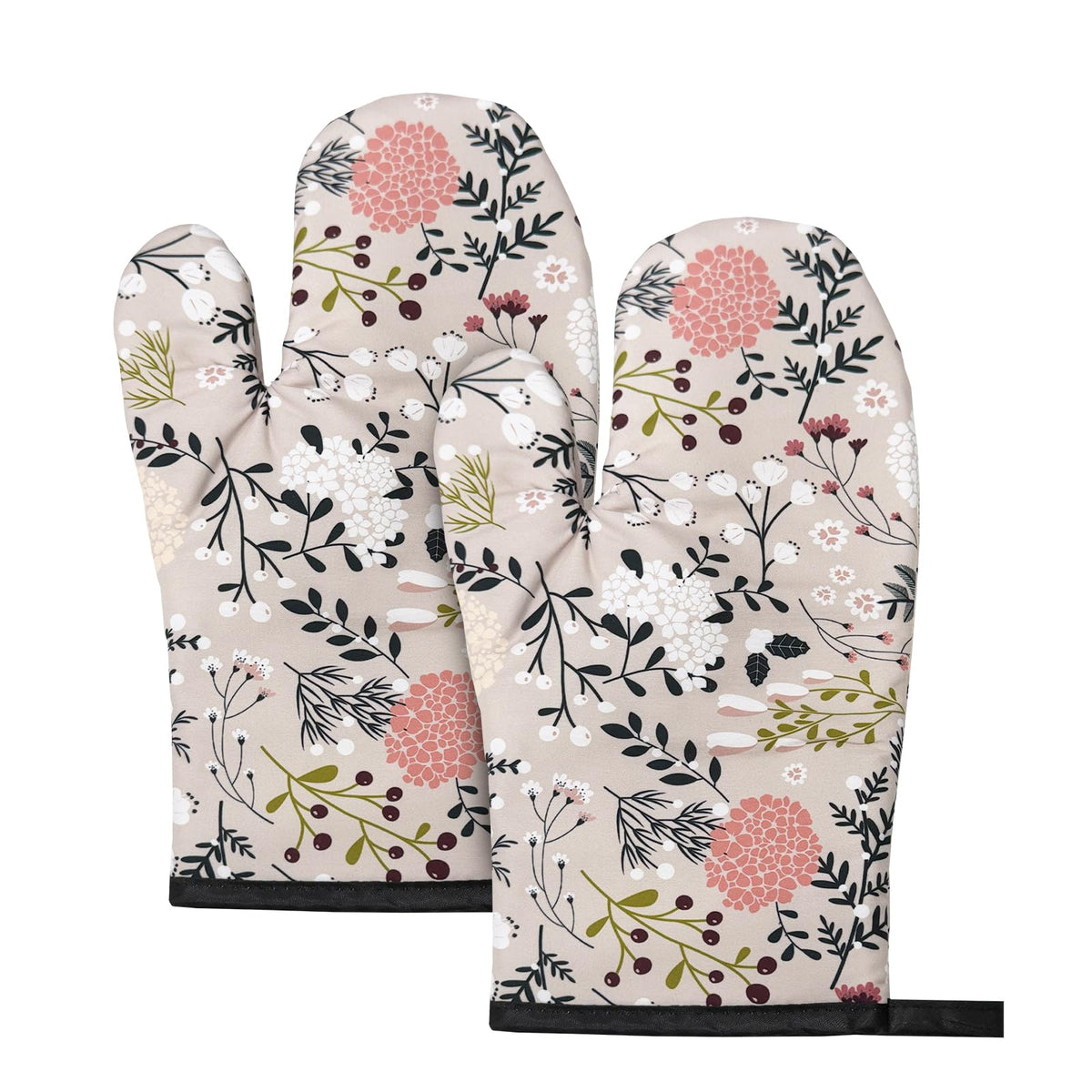 2Pcs Boho Floral Cotton Oven Mitts Heat Resistant Kitchen Gloves with Loop