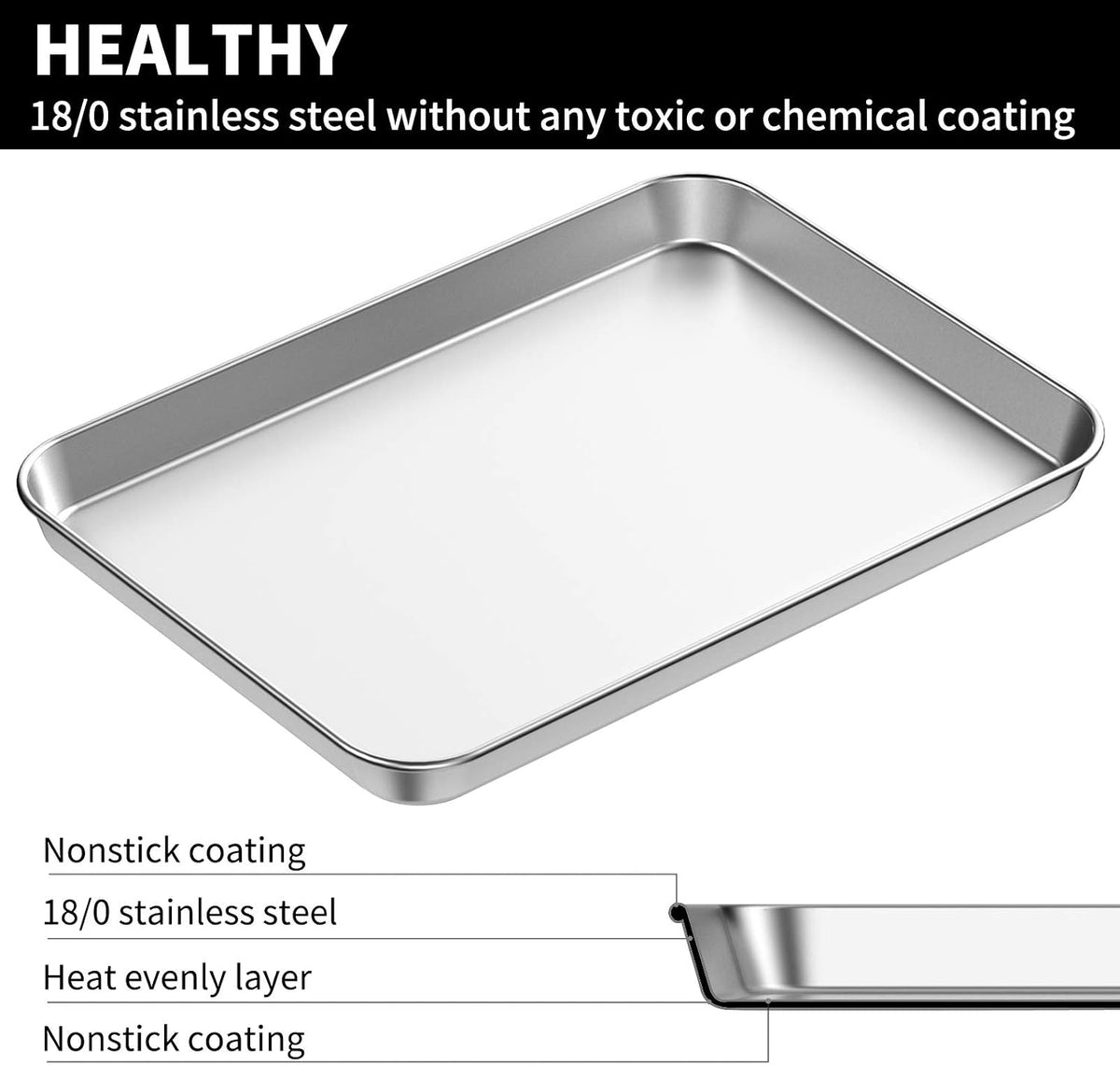 Baking Sheet Set of 2, Bastwe 18 inch Commercial Grade Stainless Steel Baking Pan, Professional Bakeware Oven Tray, Healthy & Non-toxic, Rust Free & Mirror Finish, Easy Clean & Dishwasher Safe
