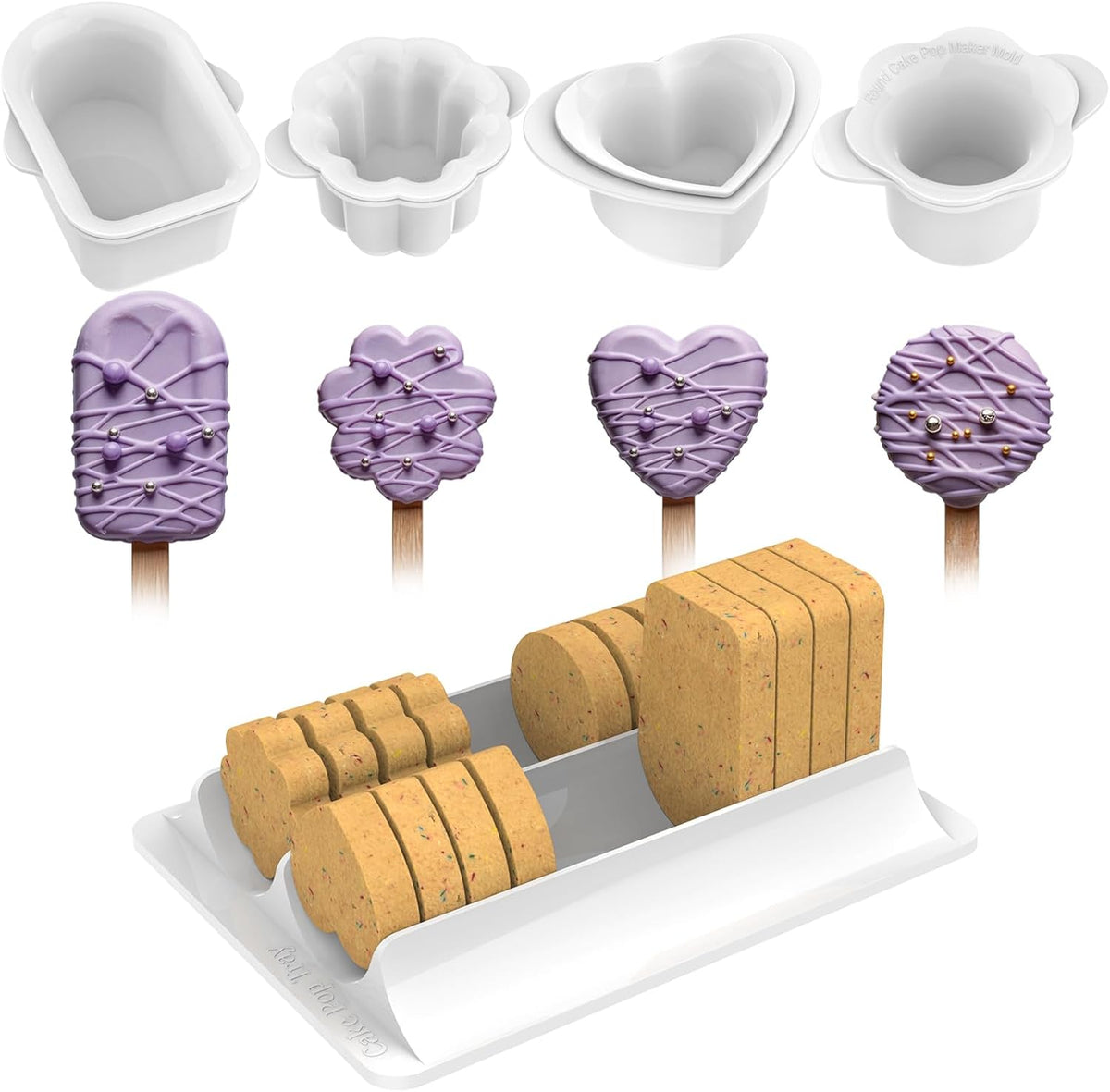 Cake Pop Molds Set, 4 Shapes with Tray, 100 Sticks Wrappers Ties (4-Shape Cutter & Tray)