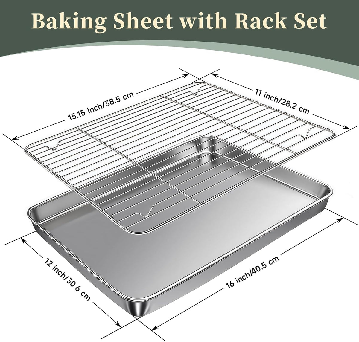 Baking Sheet with Rack Set (2 Pans + 2 Racks), 16 x 12 x 1 Inch Stainless Steel Cookie Sheet Baking Pan Tray with Cooling Rack, Jelly Roll Pan with Wire Rack, Warp Resistant & Heavy Duty & Rust Proof