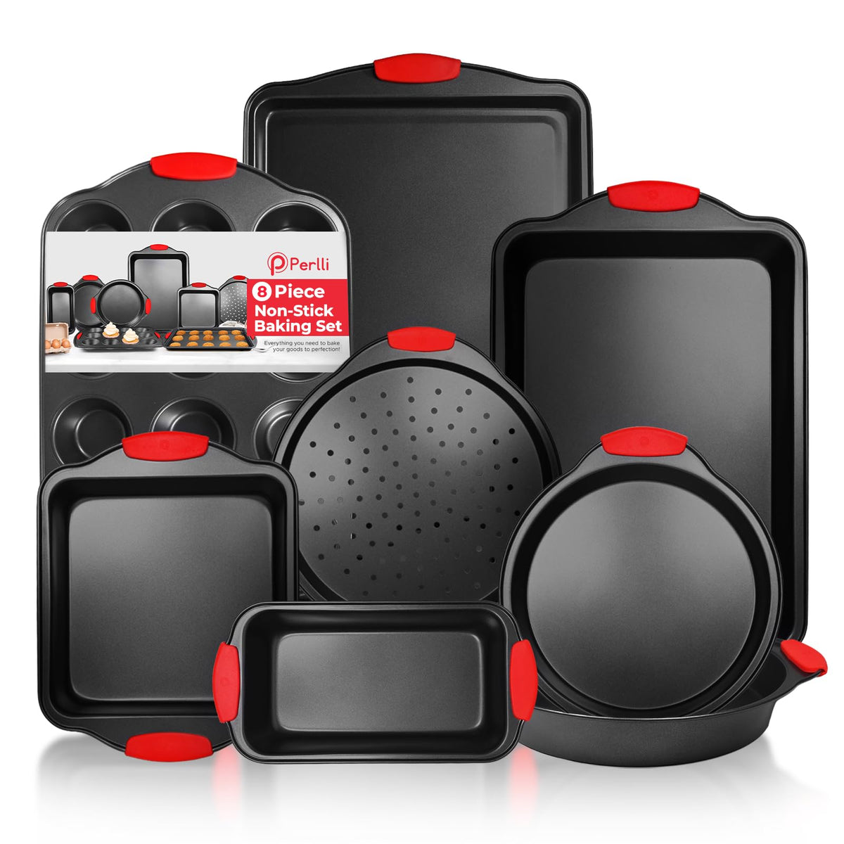 PERLLI Non-Stick 10-Piece Baking Pan Set, BPA-Free Carbon Steel Bakeware Set with Silicone Handles, Stackable Kitchen Oven Set, Cookie Sheet, Baking Tray, Baking Sheet Set, Oven Safe (446°F)