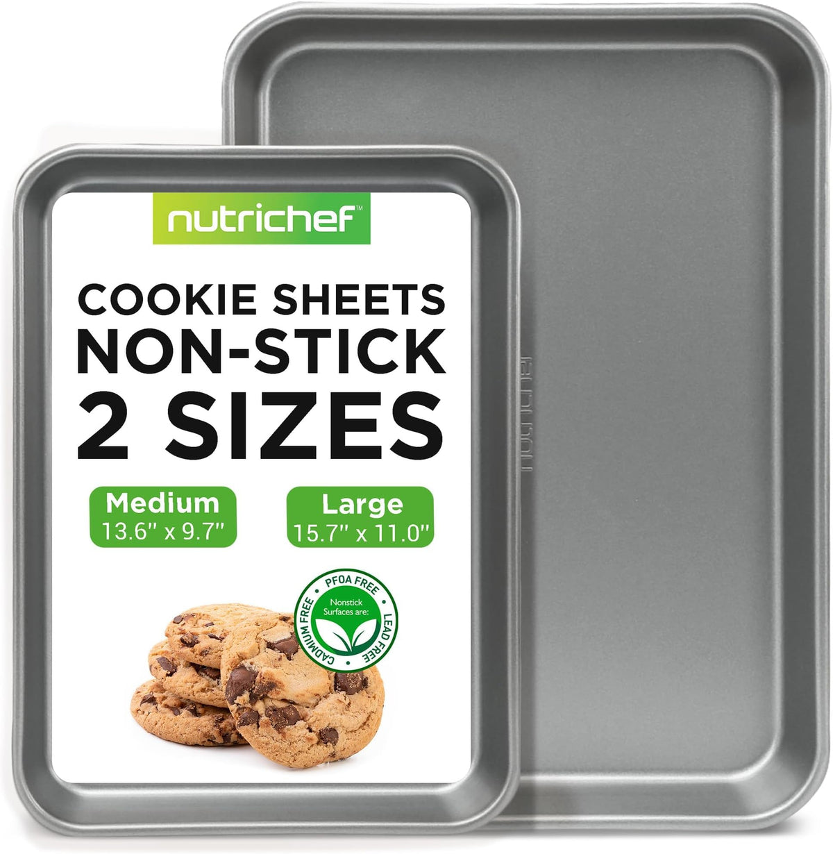 NutriChef 2-Piece Large & Medium Cookie Sheets for Baking - Non Stick Baking Sheet for Cookies, Sheet Cakes & Roasting - Dishwasher Safe - Gray