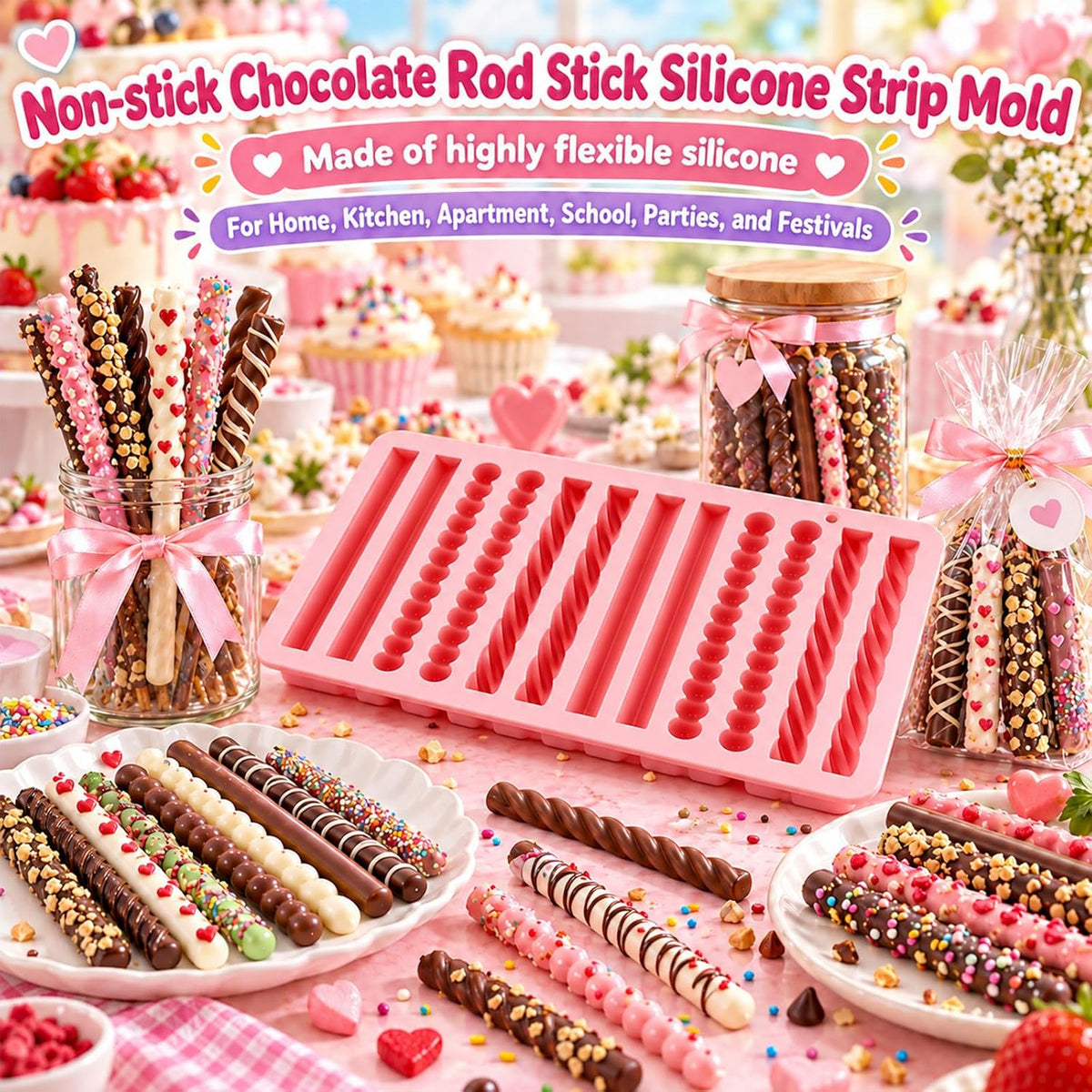 2Pcs Pretzel Rod Molds, Non-Stick Chocolate Silicone Mold for Diy Baking