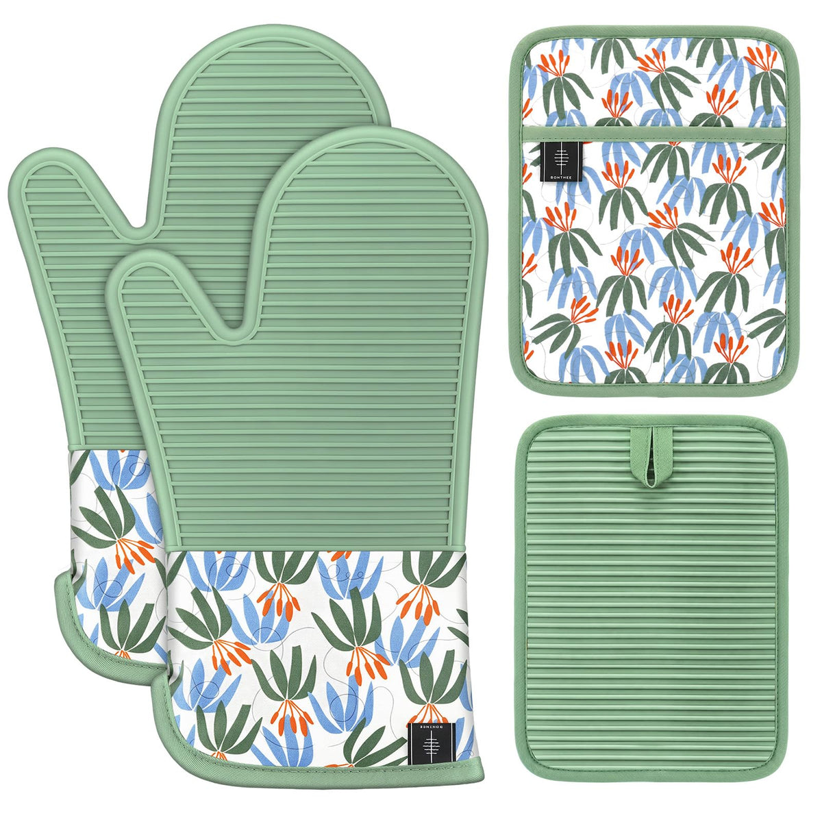 BONTHEE Oven Mitts and Pot Holders 4pcs Set, Silicone Kitchen Mitts - Green