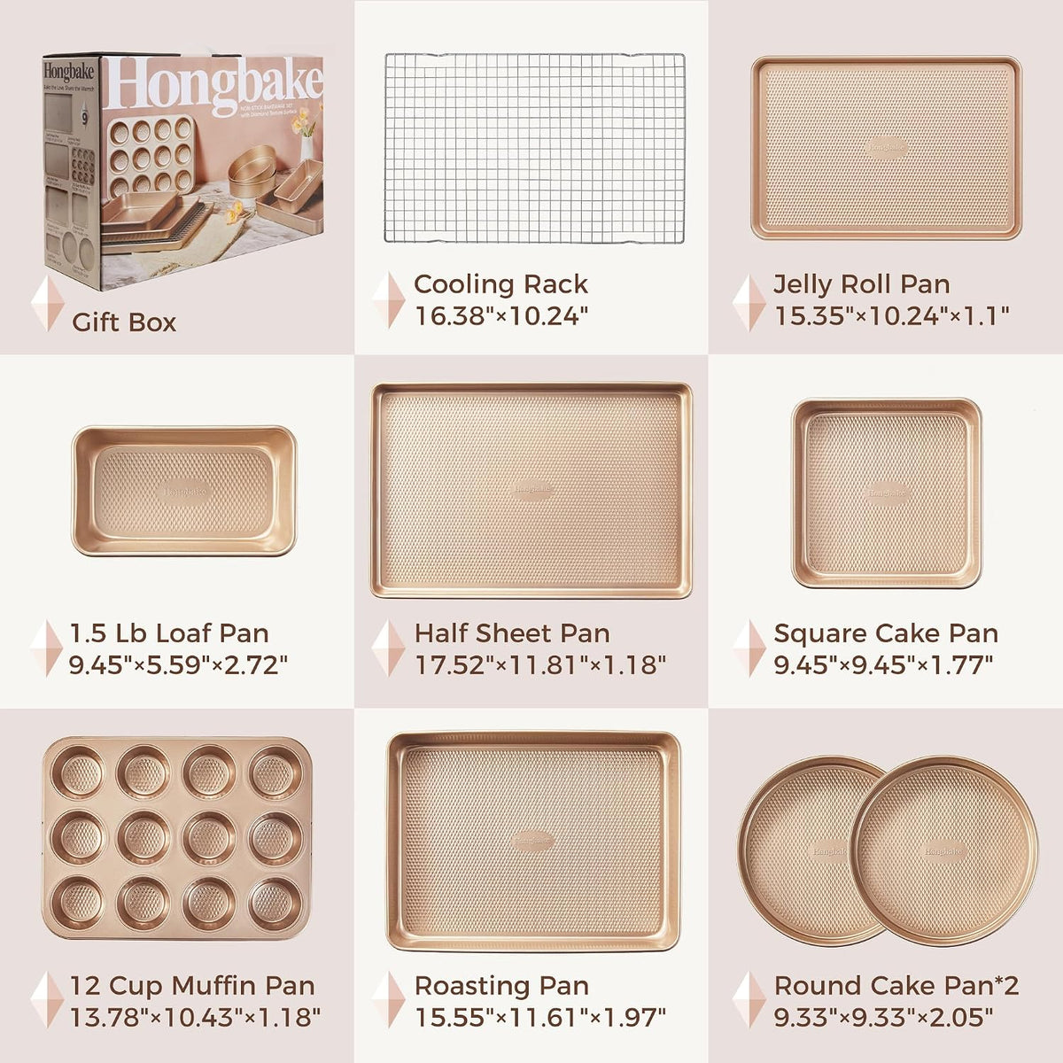HONGBAKE 9-Piece Baking Pans Set Nonstick, Stackable Non Toxic Bakeware Sets with Diamond Texture, Oven Pan Set for Cooking, Includes Cookie Sheet with Rack, Cake Pan, Roasting Pan, Muffin Tin, Gold