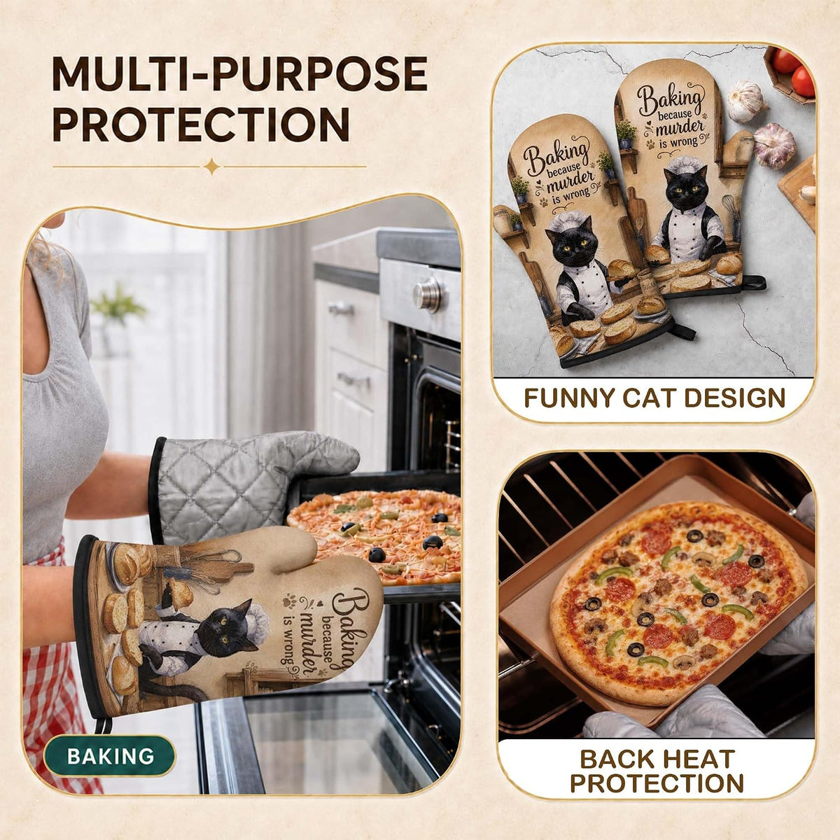 Funny Cat Oven Mitts Heat Resistant, Funny Kitchen Mitts Set, 1 Pair Cooking Baking Mitts, Cat Lover Gifts for Women Chef Cooks Mom, Whimsical Kitchen Decor Gifts
