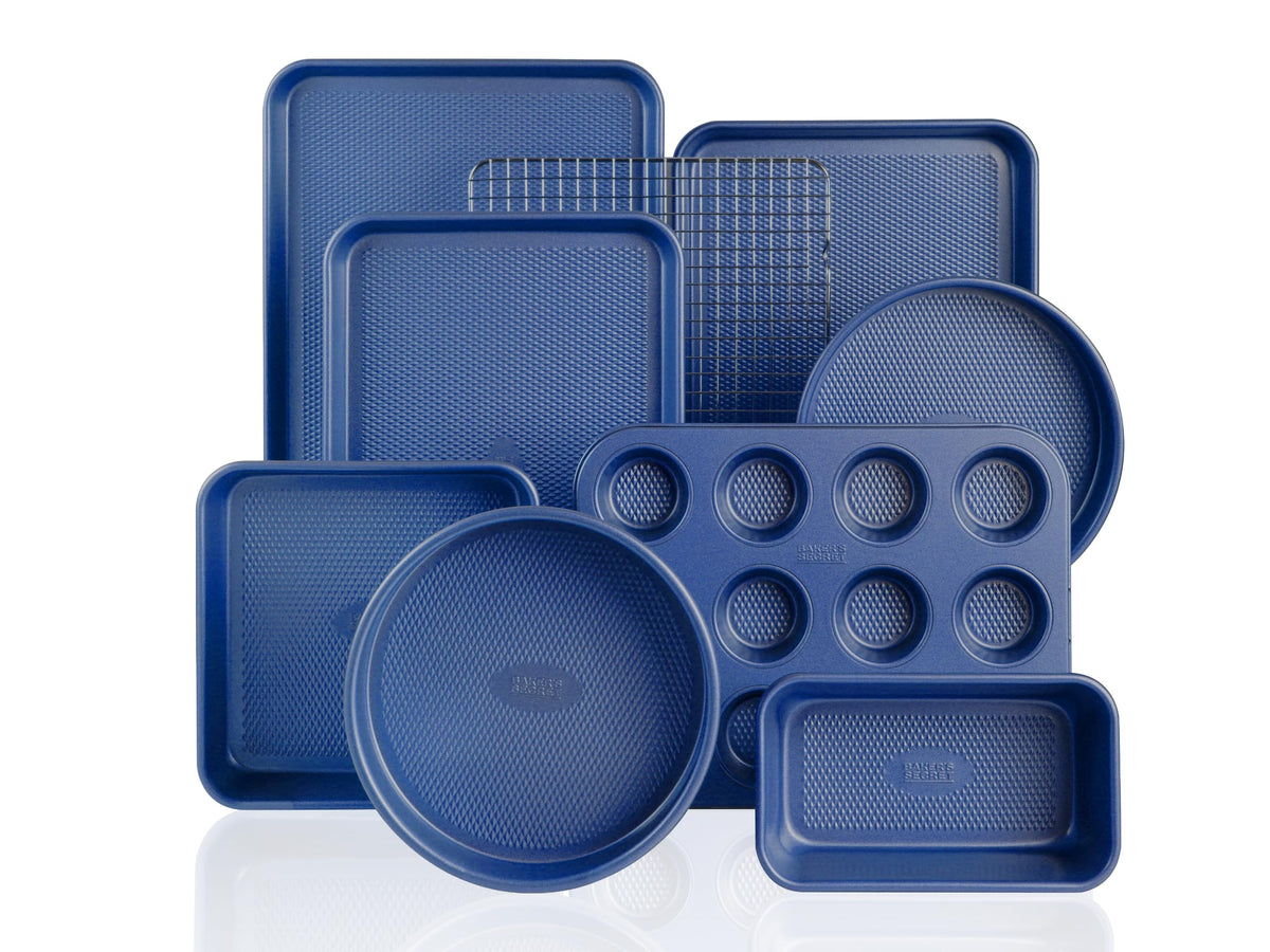 Baker's Secret 9 Piece Bakeware Set Nonstick, Baking Pans Set for Oven, Non Toxic Diamond Texture Carbon Steel, Includes Cookie Sheets, Cake Pan, Muffin Pan, Loaf Pan & Cooling Rack, Gold