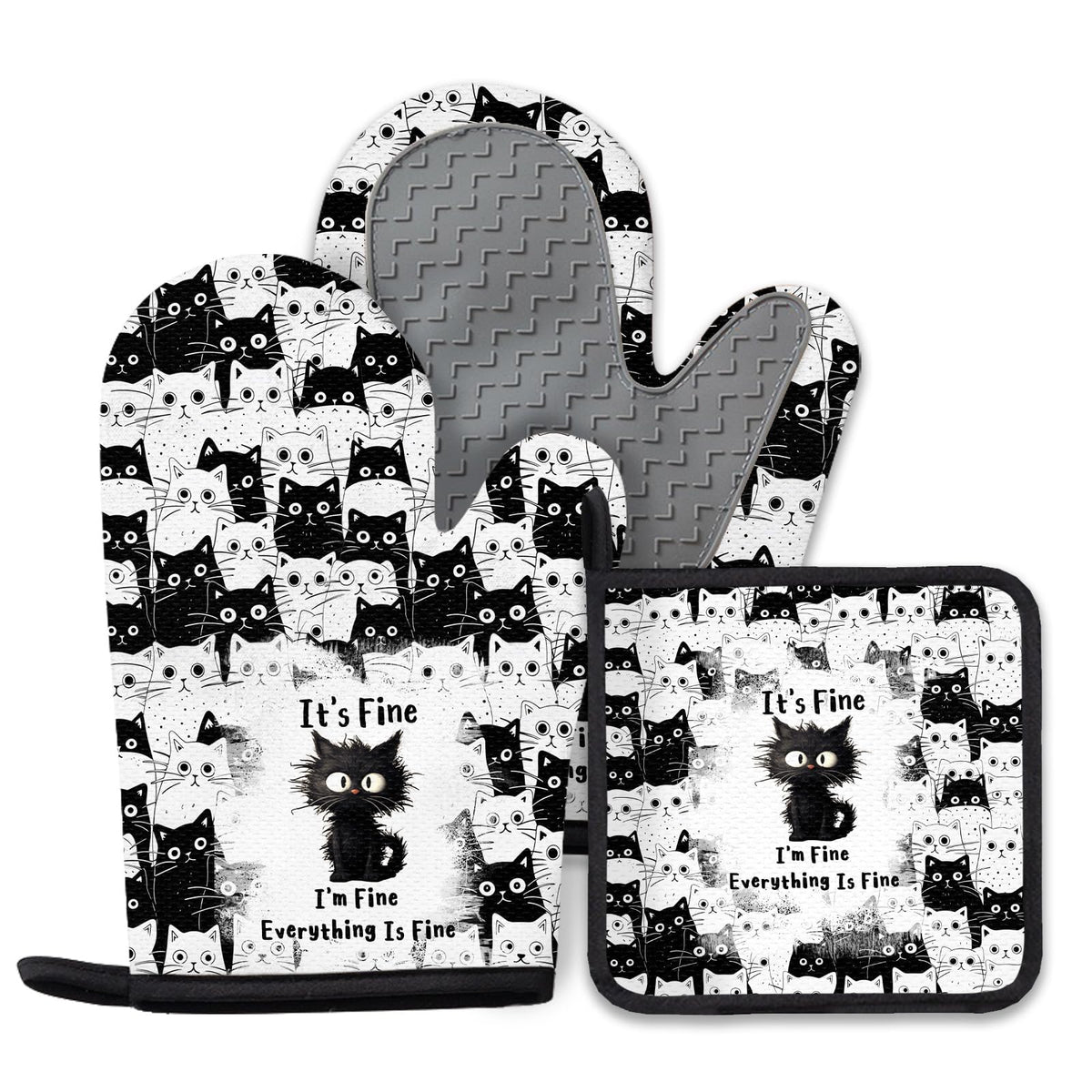 Black Cat Oven Mitts and Pot Holders Sets 3PCS, Cat Silicone Heat Resistant Oven Mitts Birthday Gifts for Cats Lover, Cute Cats Pot Holder Non-Slip Silicone Oven Gloves for Mom Wife Sister BFF