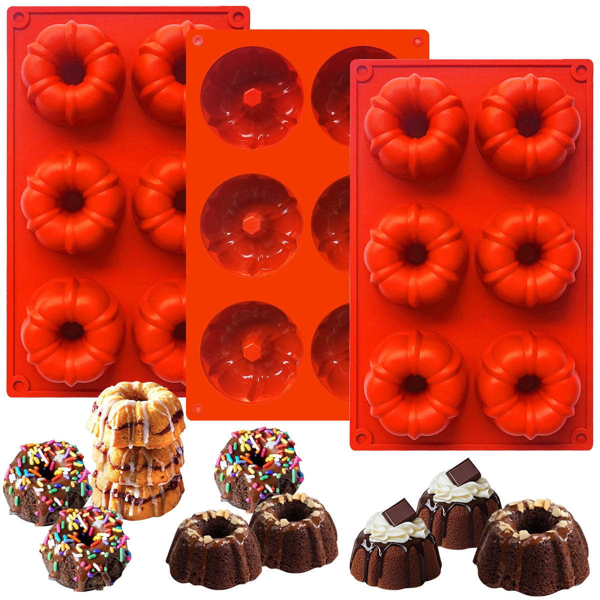 3Pcs Mini Fluted Tube Cake Pan, 6-Cavity Fluted Tube Cake Pan Silicone Molds for Baking Cupcake, Cornbread, Brownie, Donuts, Jello Red(B)