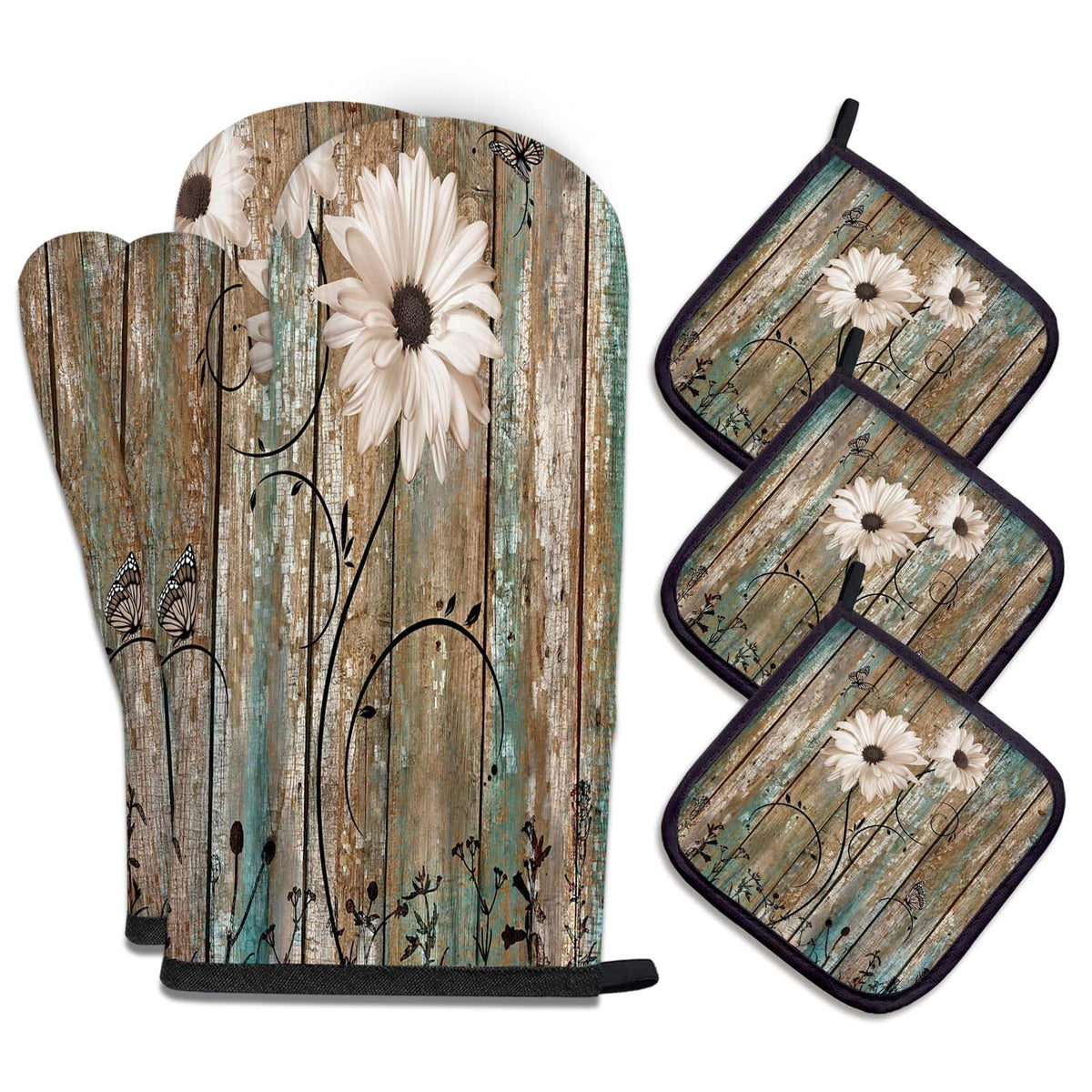 MCALK 5 Pcs Orange Oven Mitts and Pot Holders Sets, Beige Oven Gloves and Hot Pads for Kitchen Cooking, Abstract Modern Art Oven Mitt Potholder is Both Functional and Decorative