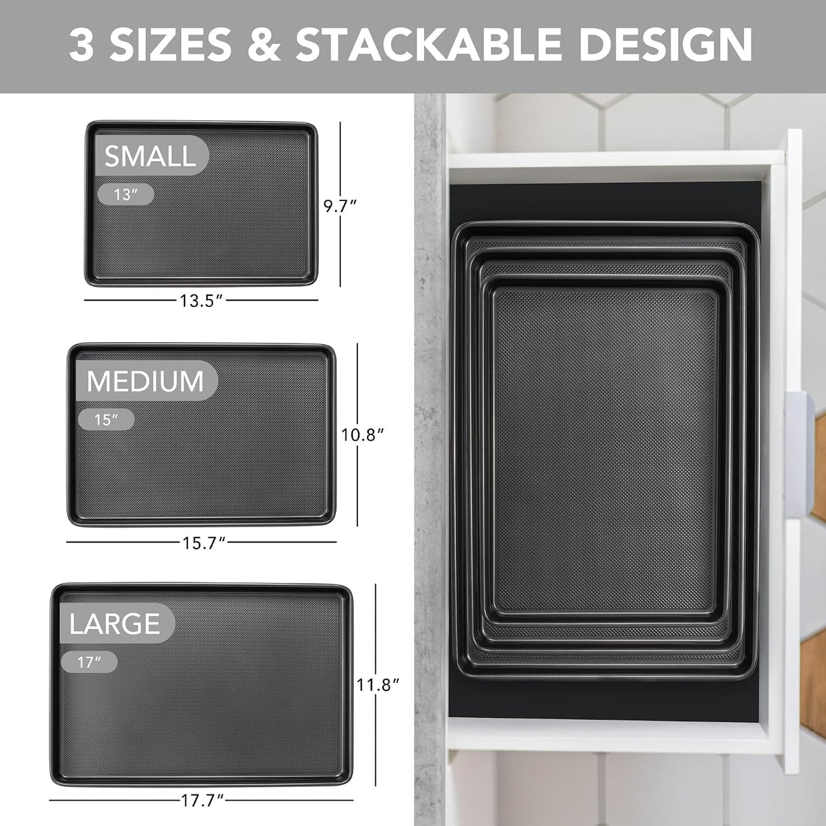 Tiawudi Baking Sheet Pan Set, 0.8mm Thick Heavy Duty Cookie Sheet with Diamond Texture Pattern, Nonstick Baking Tray for Oven, Carbon Steel Half, Jerry Roll Pan, Set of 3