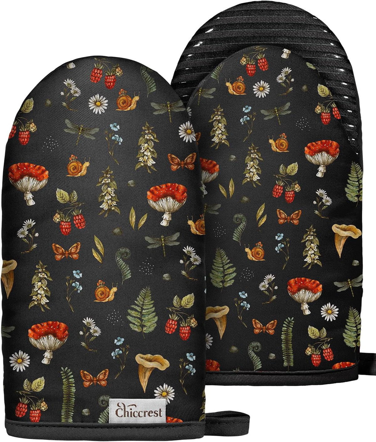 100% Thick Cotton Mini Oven Mitts Silicone Grip Black Mushroom