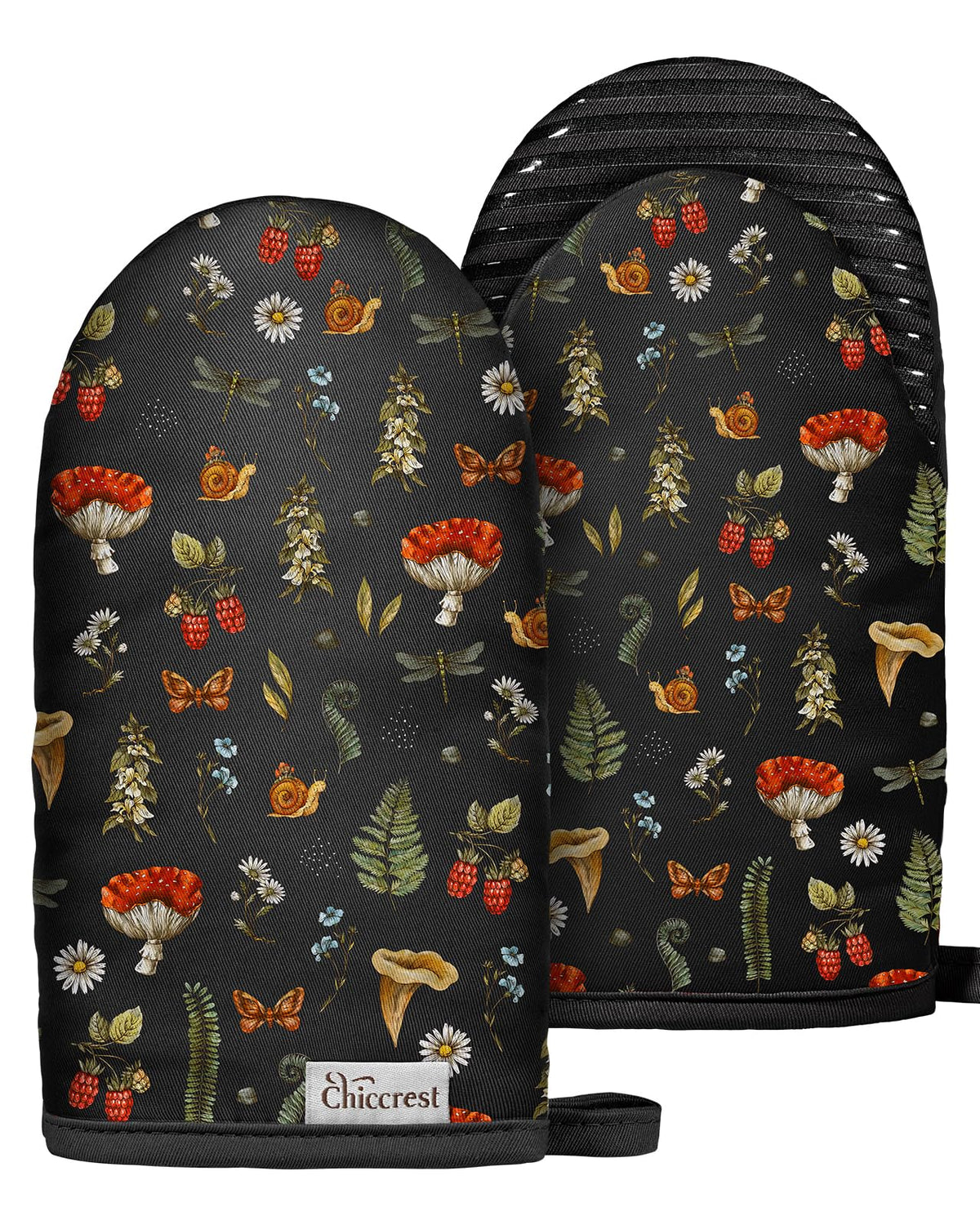 100% Thick Cotton Mini Oven Mitts Silicone Grip Black Mushroom