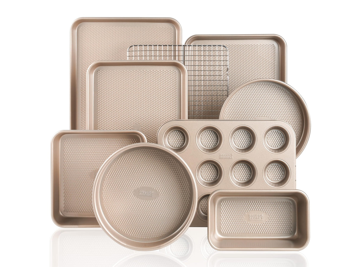 Baker's Secret 9 Piece Bakeware Set Nonstick, Baking Pans Set for Oven, Non Toxic Diamond Texture Carbon Steel, Includes Cookie Sheets, Cake Pan, Muffin Pan, Loaf Pan & Cooling Rack, Gold