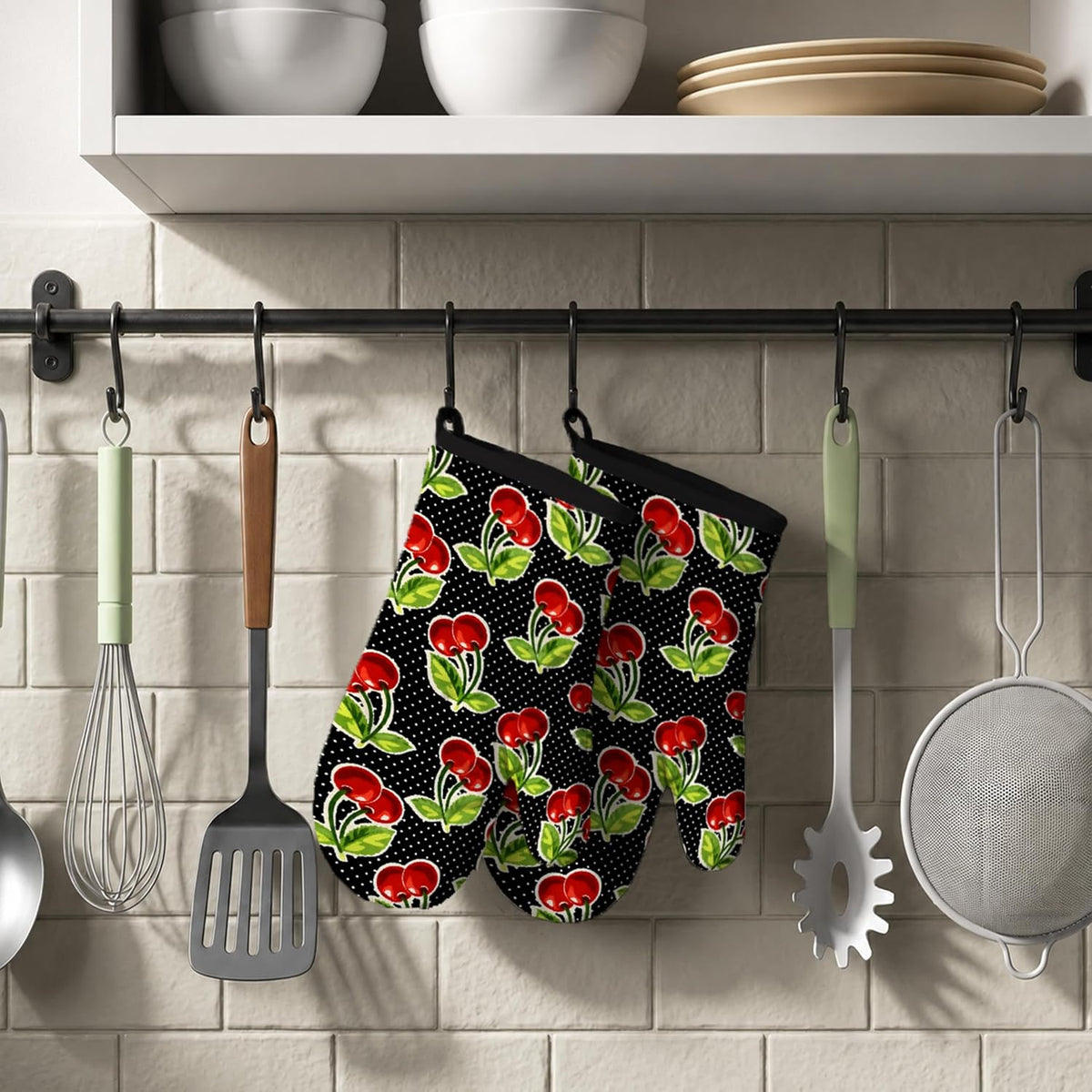 Retro Cherry Oven Mitts, Red Cherries and Polka Dots, Set of 2