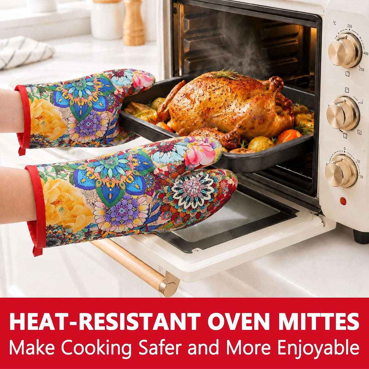 2Pcs Boho Floral Cotton Oven Mitts Heat Resistant Kitchen Gloves with Loop