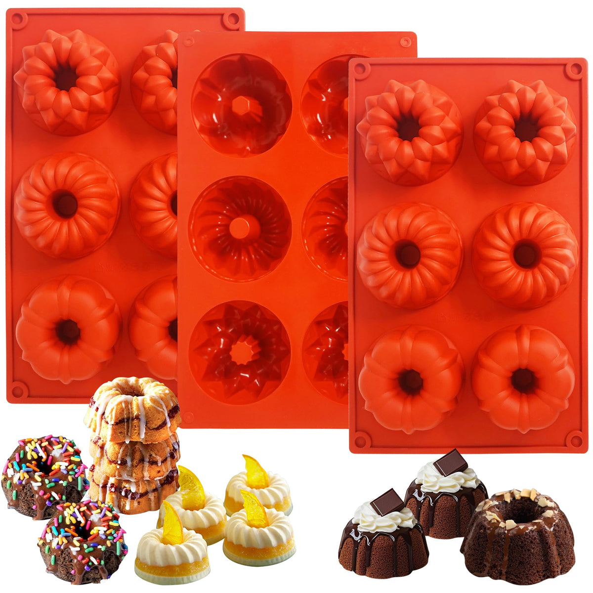 3Pcs Mini Fluted Tube Cake Pan, 6-Cavity Fluted Tube Cake Pan Silicone Molds for Baking Cupcake, Cornbread, Brownie, Donuts, Jello Red(B)